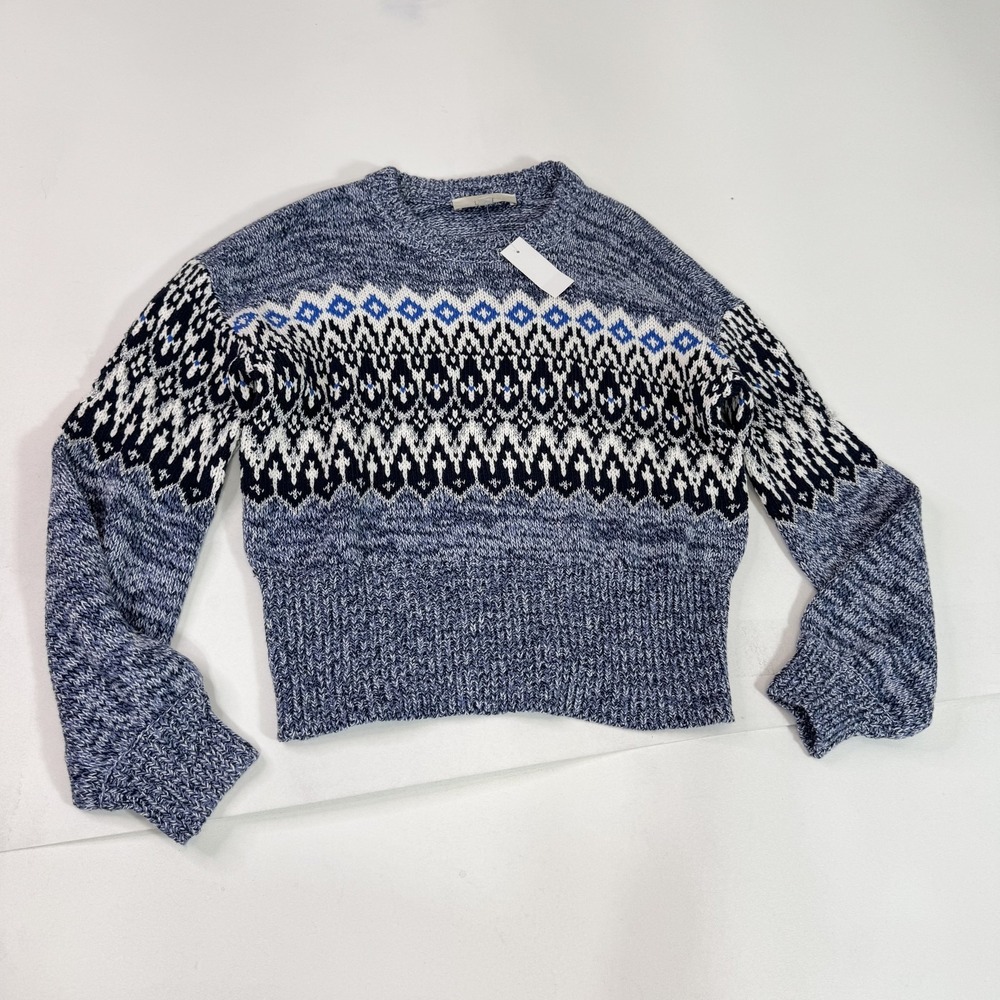 LOFT Sweater Womens Medium Blue White Fair Isle Pullover Crewneck Knit NWT New - Picture 2 of 9